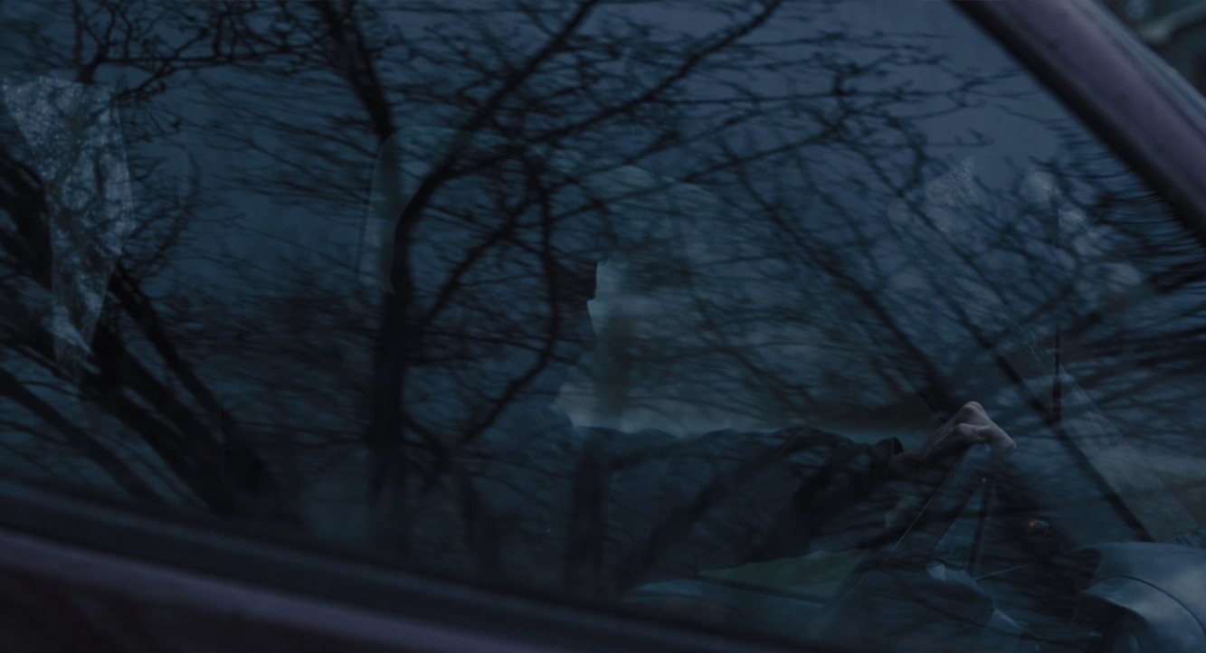 A silhueta de Hugh Jackman sobreposta ao reflexo de uma árvore sem folhas